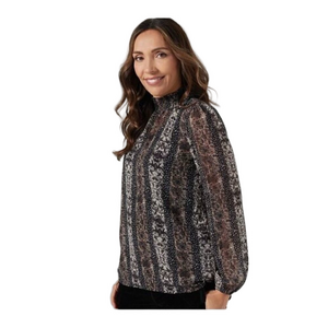 Susan Graver  Blouse  Printed Chiffon  stretch Smocked Mock Neck   Lined Top